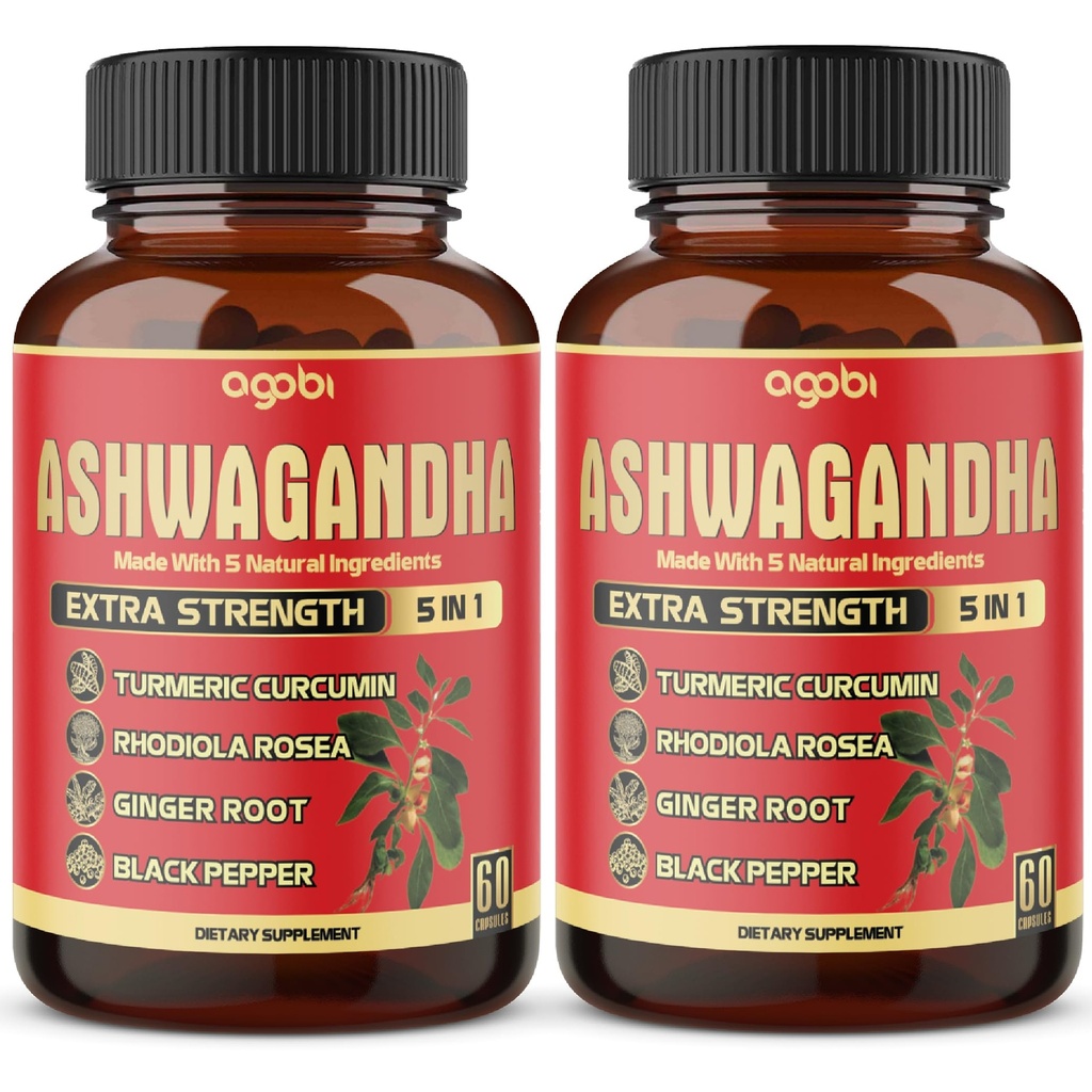 2 Packungen - 60 Kapseln Ashwagandha Kapseln - High Concentrated - 5in1 Formel Ashwagandha, Turmeric, Rhodiola Rosea, Ginger, Black Pepper - 4 Monate Versorgung