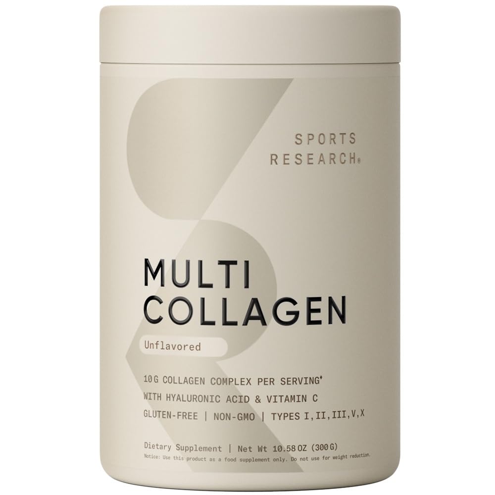 Sportforschung Multi Collagen Protein Powder (Typ I, II, III, V, X) mit Hyaluronsäure + Vitamin C | 5 Arten von Lebensmittelbasiertem Kollagen, 30 Servierungen (Unflavored)
