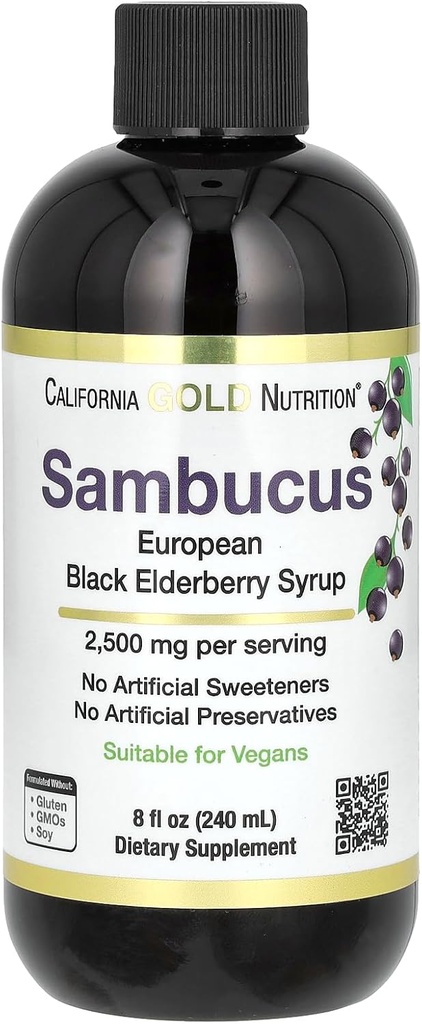 California Gold Nutrition Elderberry Syrup, Black Elderberry (Sambucus nigra) Juice Konzentrat, Saisonale Immununterstützung, keine künstlichen Konservierungsstoffe oder Süßungsmittel, 2500 mg, 8 fl oz (240 ml)