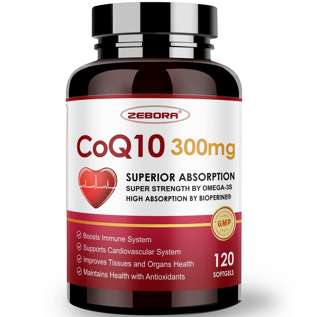 ZEBORA CoQ10-300mg-Softgels mit PQQ, BioPerine & Omega-3, 120 Portionen Coenzym Q10 (Ubichinon) Beilage für High-Absorption, Leistungsstark-Antioxidant, Unterstützung Herz-Gesundheit & Energie-Produktion