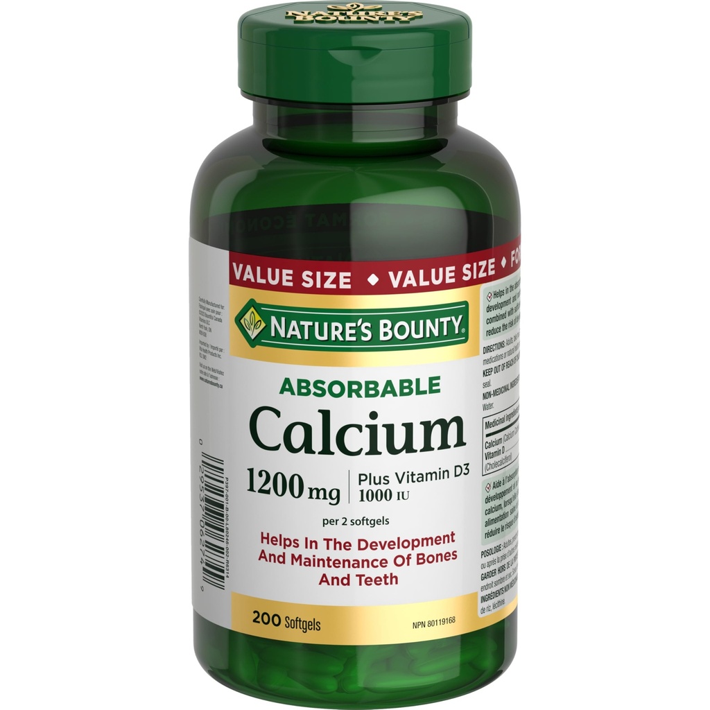 Calcium absorbant de la nature 1200mg plus Vitamine D3 1000IU 200 compte