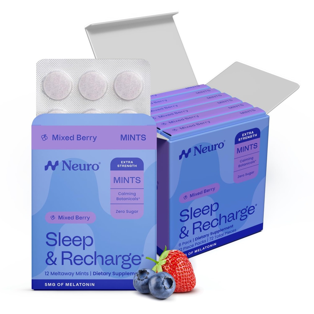 Neuro Melatonin 5mg Sleep & Recharge Mints (72 Pieces) - Fast Dissolve Melatonin Sugar Free Mints mit Lemon Balm & Chamomile für besseren Schlaf - Calm Sleep Supplement für Erwachsene - Nacht Berry Flavor