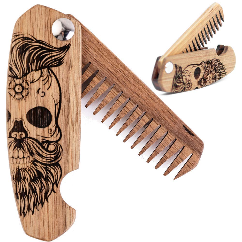 Genießen Sie die Holz Bart Comb für Männer, Falten Taschen Bart Zubehör für Männer, Gravierte Walnuss Holz Komb für Mundschmerz, Bart &amp; Haar für ihn (Half Skull)