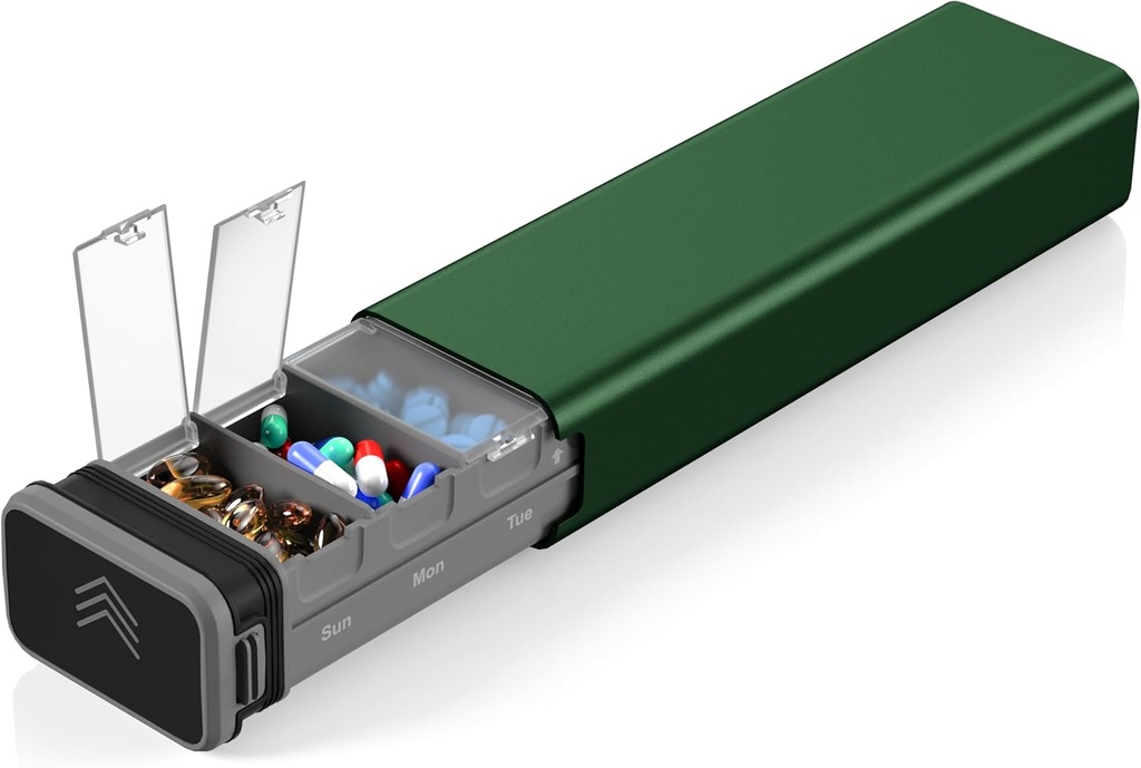 7 Tage Wöchentlich Metall Pille Organizer Reisen, Kursoaya Premium Aluminium Tägliche Pille Box, niedliche tragbare Pille Fall, große Kapazität Pillenhalter für Ergänzungen, Pillen, Vitamine, Medizin (Hunter Green)