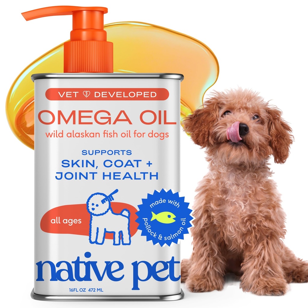 Huile de poisson d'Oméga 3 pour les chiens et les chats - Promotion de la peau saine, du manteau brillant et des articulations fortes - Fabriqué avec de l'huile de saumon sauvage d'Alaska pour les chiens – Oméga 3 6 9 supplément liquide-16oz