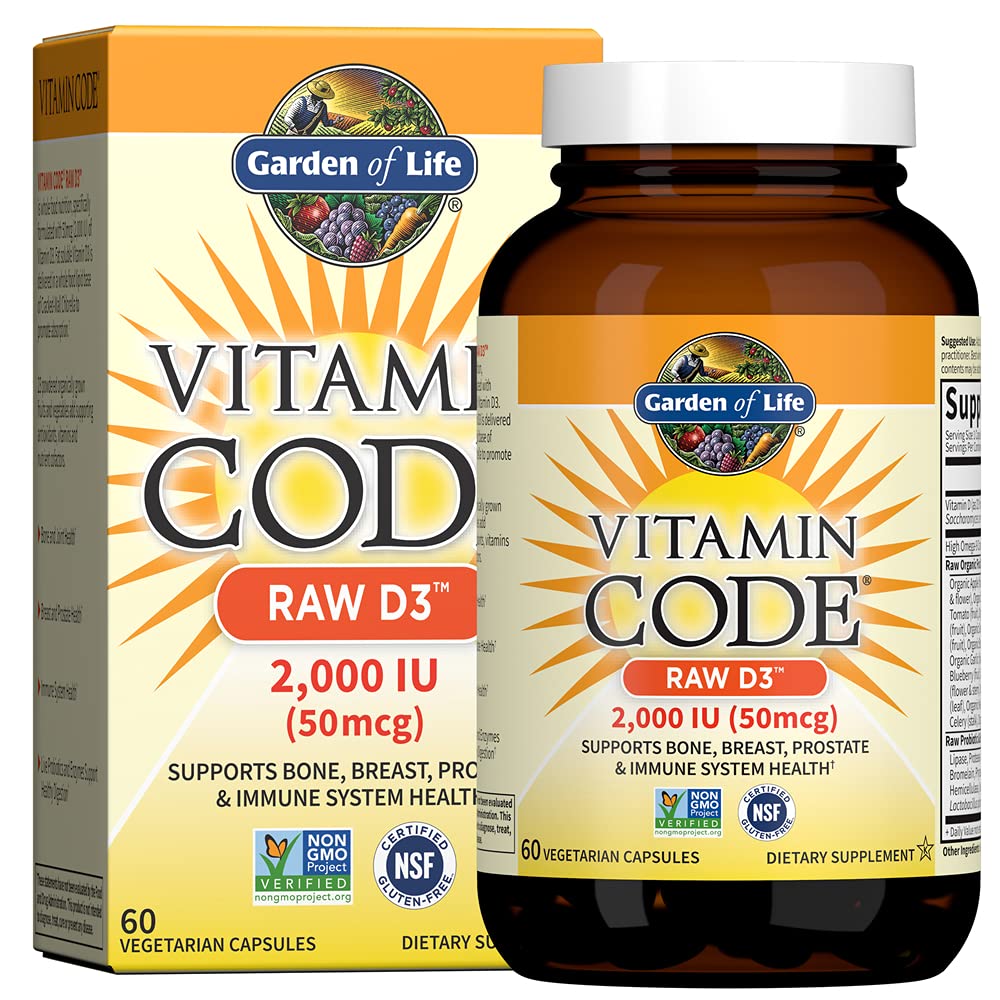 Garten des Lebens Vitamin D, Vitamin Code Raw D3, Vitamin D 2.000 IU, Rohe Ganze Nahrung D3 Nahrungsergänzungsmittel mit Chlorella, Obst, Gemüse & Probiotika für Knochen & Immune Gesundheit, 60 vegetarische Kapseln