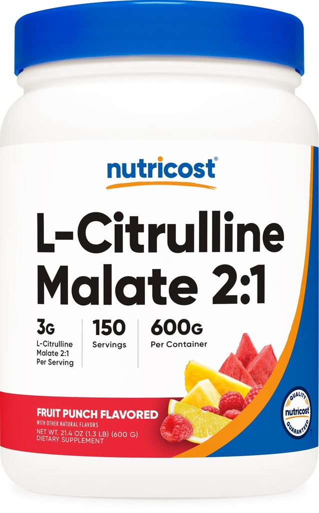 Nutricost L-Citrulline Malate 2:1 (600g) Punch fruit - Support d'entraînement, Performance musculaire, Booster à oxyde nitrique - Supplément de fitness en poudre, 75 portions