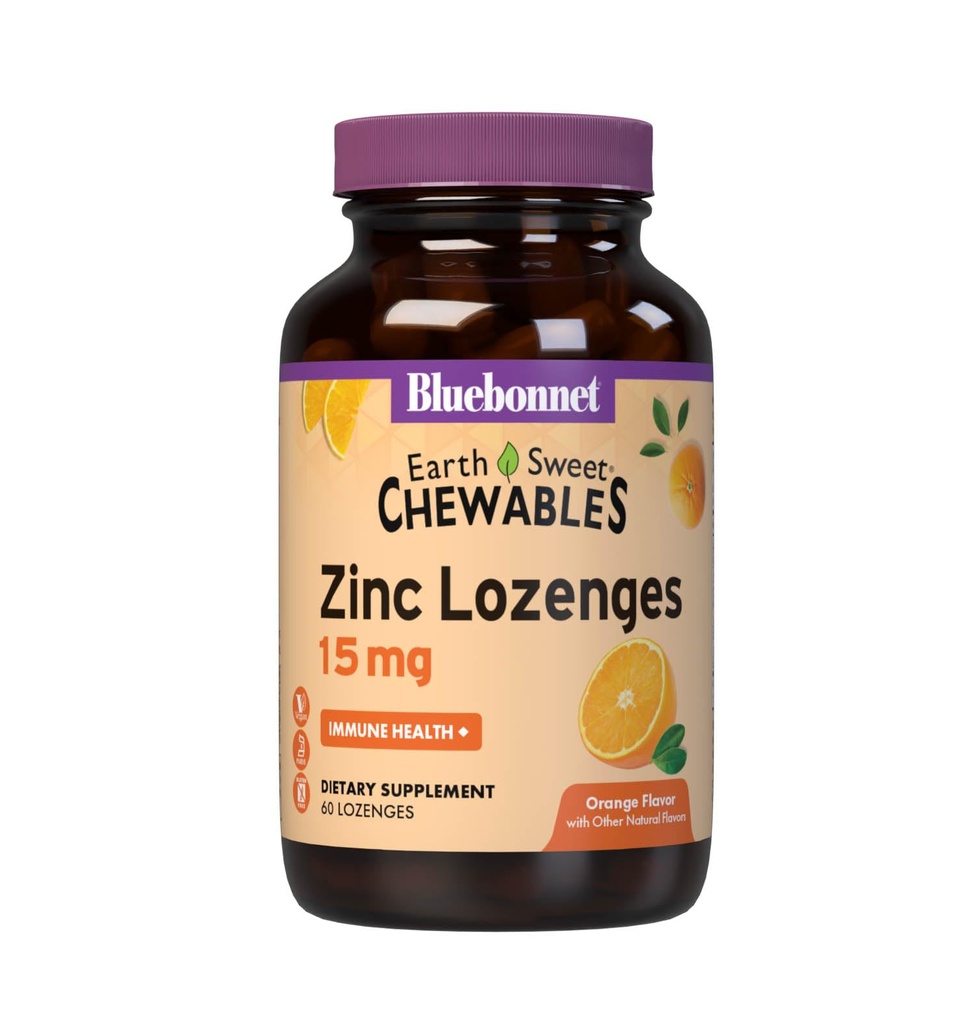 Bluebonnet Nutrition Terres doux Zinc Lozenges 15mg Chewables, Plus 100mg de vitamine C, sans soja, sans gluten, sans casher, sans lait, végétalien, aromatisé orange, 60 Lozenges