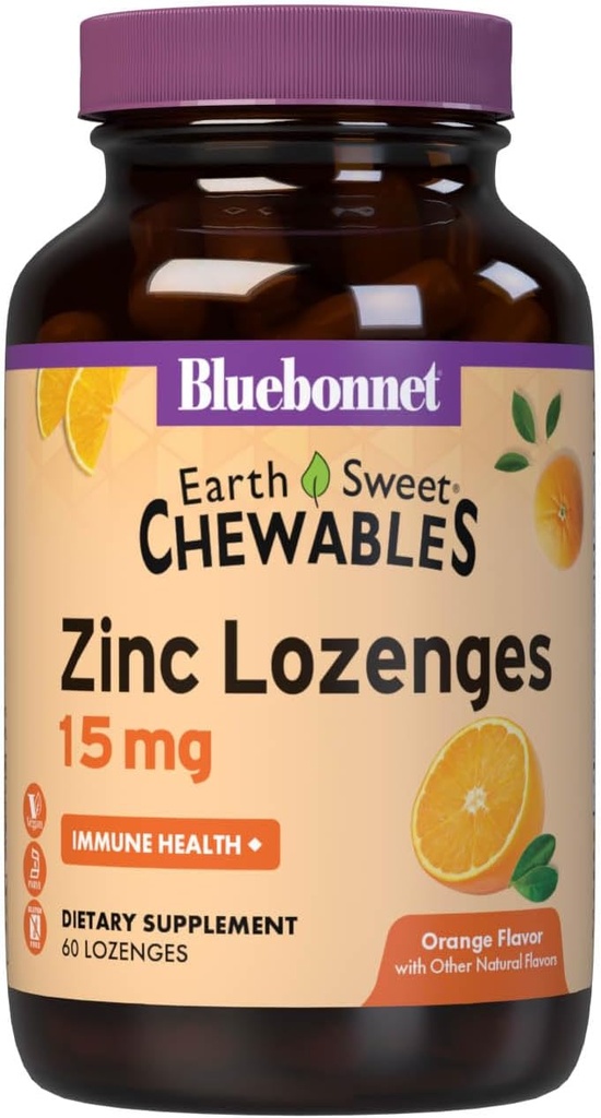 Bluebonnet Nutrition Terres doux Zinc Lozenges 15mg Chewables, Plus 100mg de vitamine C, sans soja, sans gluten, sans casher, sans lait, végétalien, aromatisé orange, 60 Lozenges