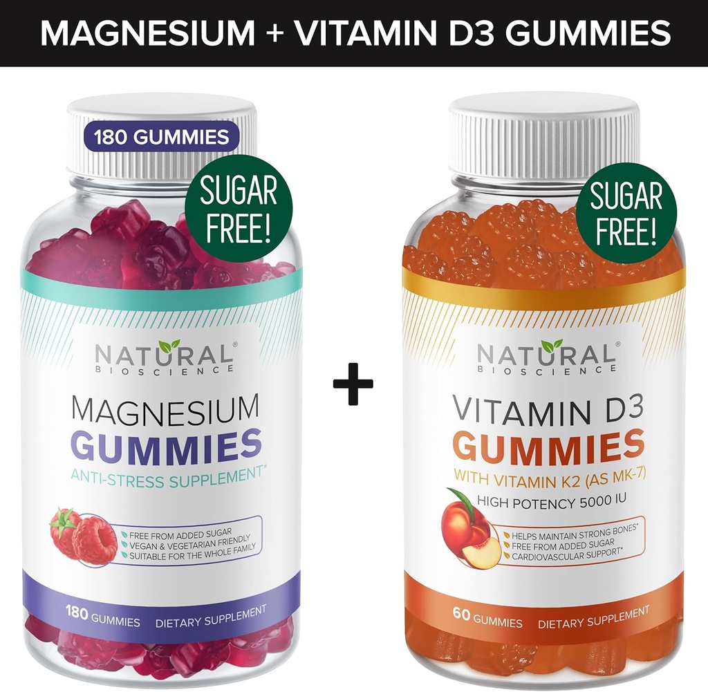 Zuckerfreie Magnesium-Gummien (180 Gummi) & Zuckerfreie Vitamin D-Gummien (60 Gummi) – Immununterstützung & Relaxation Value Bundle, Gelatin-frei, Glutenfrei, Vegetarisch, All Natural, GMO-frei, Kosher