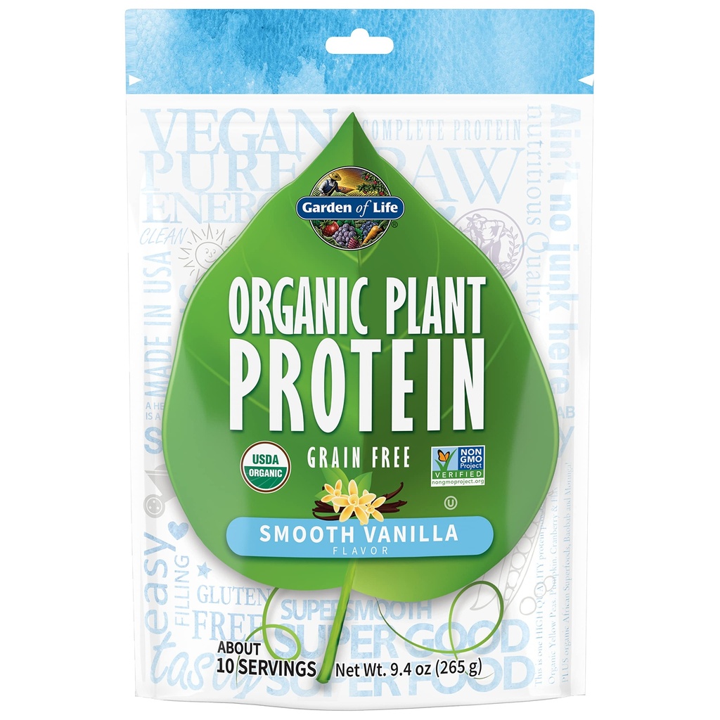 Jardin de la vie Protéines organiques Poudre de vanille lisse, 10 portions - Vegan, sans grains et sans gluten à base de plante Shake avec 1 milliard CFU probiotiques et enzymes, 15g de protéines