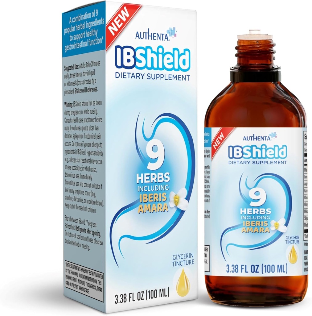 IBShield Tincture 100ml | 6+3=9 Kräuter | Iberis Amara, Peppermint, Kamille, Zitronenbalsam, Caraway, Licorice, Angelica, Celandine & Mary's Thistle | Originale Kräuterformel unterstützt Verdauungs-Wellness
