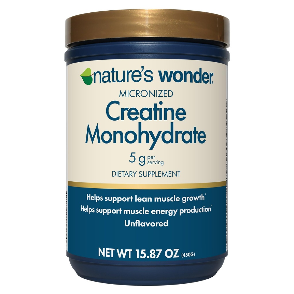 Merveille de la nature Poudre monohydratée micronisée de créatine 5g, Santé musculaire, Production d'énergie musculaire, Pas de lactose, 5g de poudre de créatine micronisée par portion, 450G, 90 portions