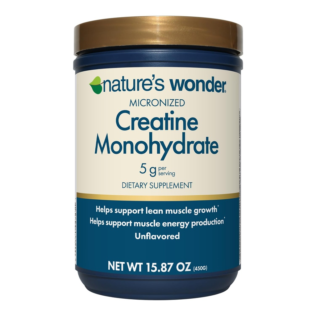 Merveille de la nature Poudre monohydratée micronisée de créatine 5g, Santé musculaire, Production d'énergie musculaire, Pas de lactose, 5g de poudre de créatine micronisée par portion, 450G, 90 portions