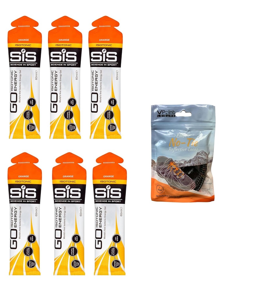 Wissenschaft in Sport GO Isotonic Energy Gels - 6 x 60ml Packs Bundle mit elastischen No-Tie Schuh Spitzen. Vegan, Lactosefrei, Glutenfrei, Weizenfrei, Nussfrei, SOYA Frei (Orange)