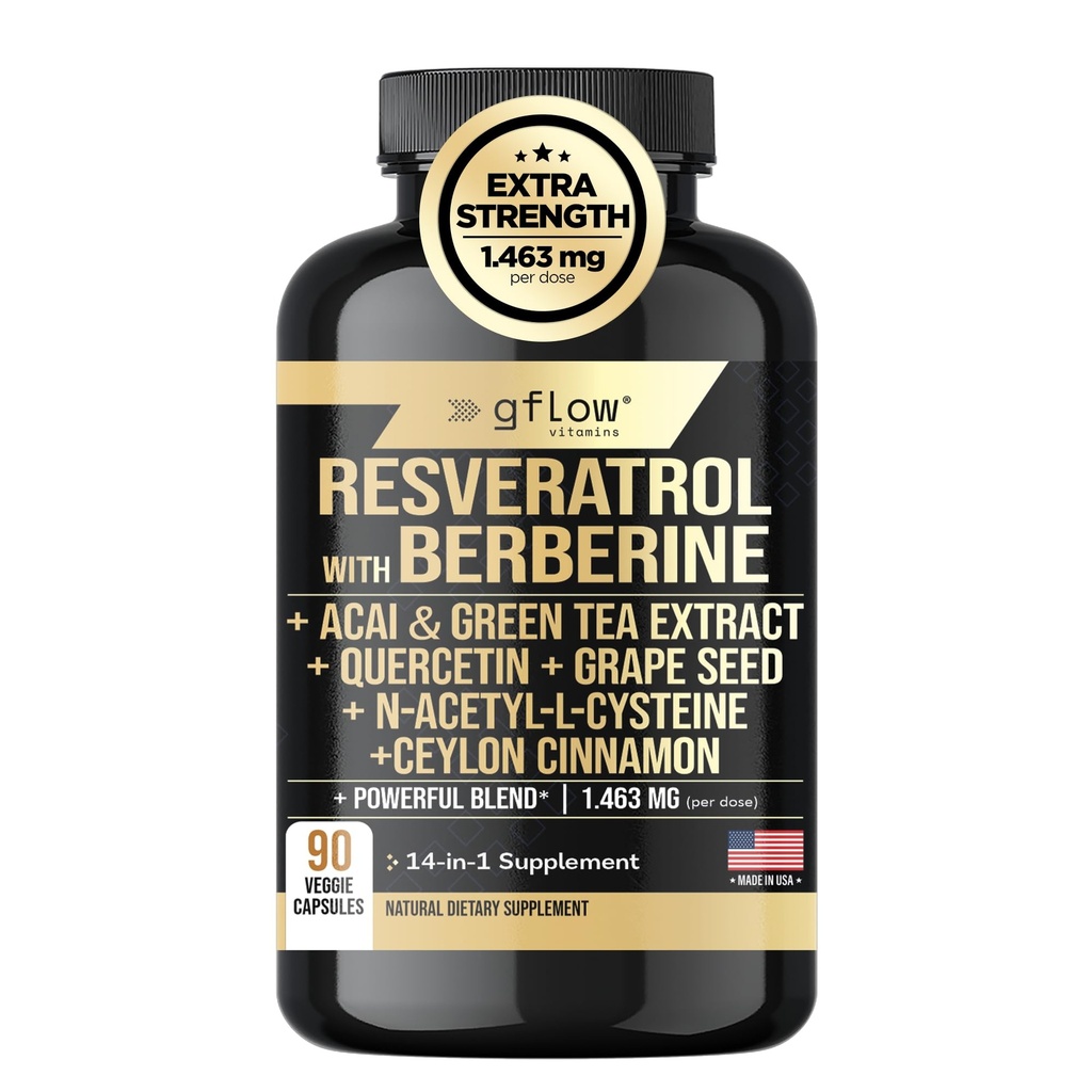 Resveratrol Ergänzung mit Berberine Green Tea Extract, Ceylon Cinnamon, Grape Seed & Quercetin1000mg Quercetin, N Acetyl Cystein, Acai | 100% natürlich, Max Strength | Made in USA