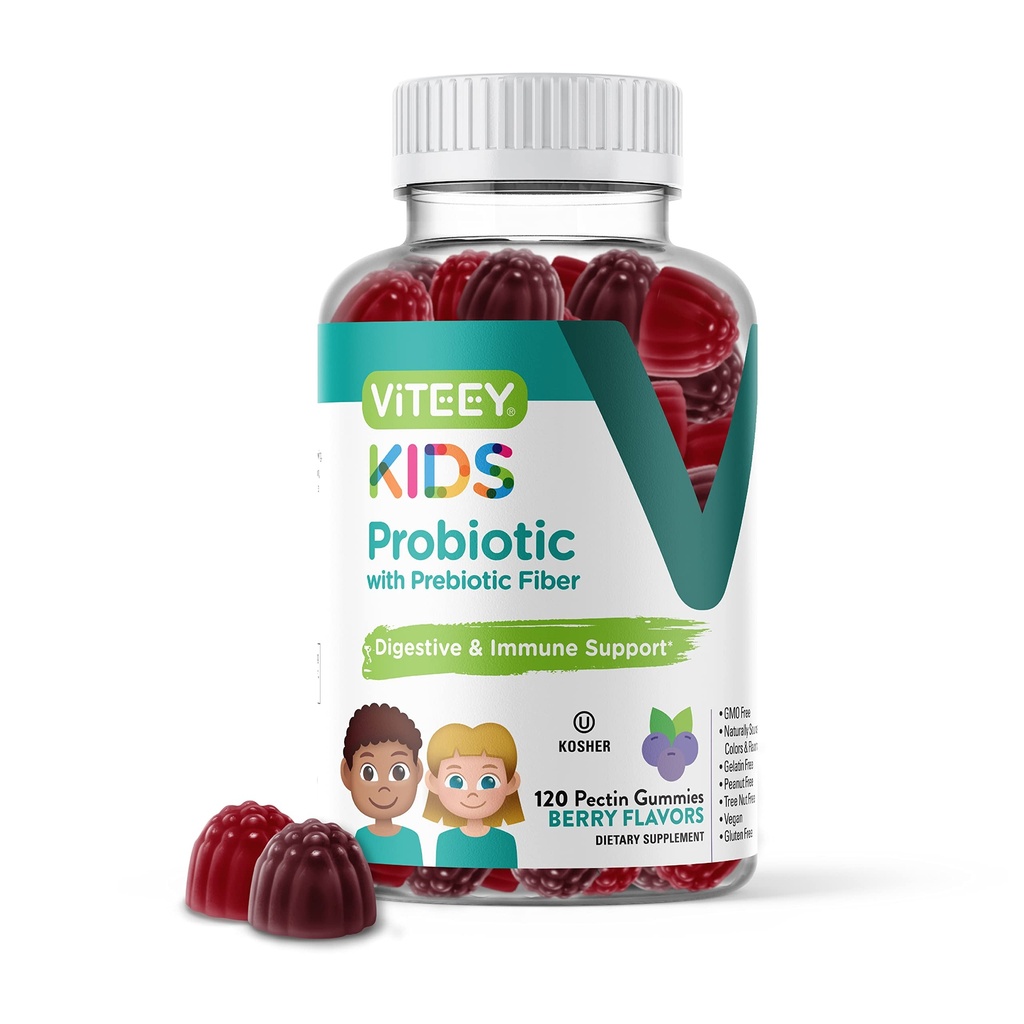 Viteey Probiotic Gummies for Kids Plus Prebiotics Fibre - 2 milliards d'UFC - Santé digestive, Santé Gut, Relief de Constipation pour les enfants Support - Vegan, Sans gélatine - Nourriture de baies de probiotiques à croquer