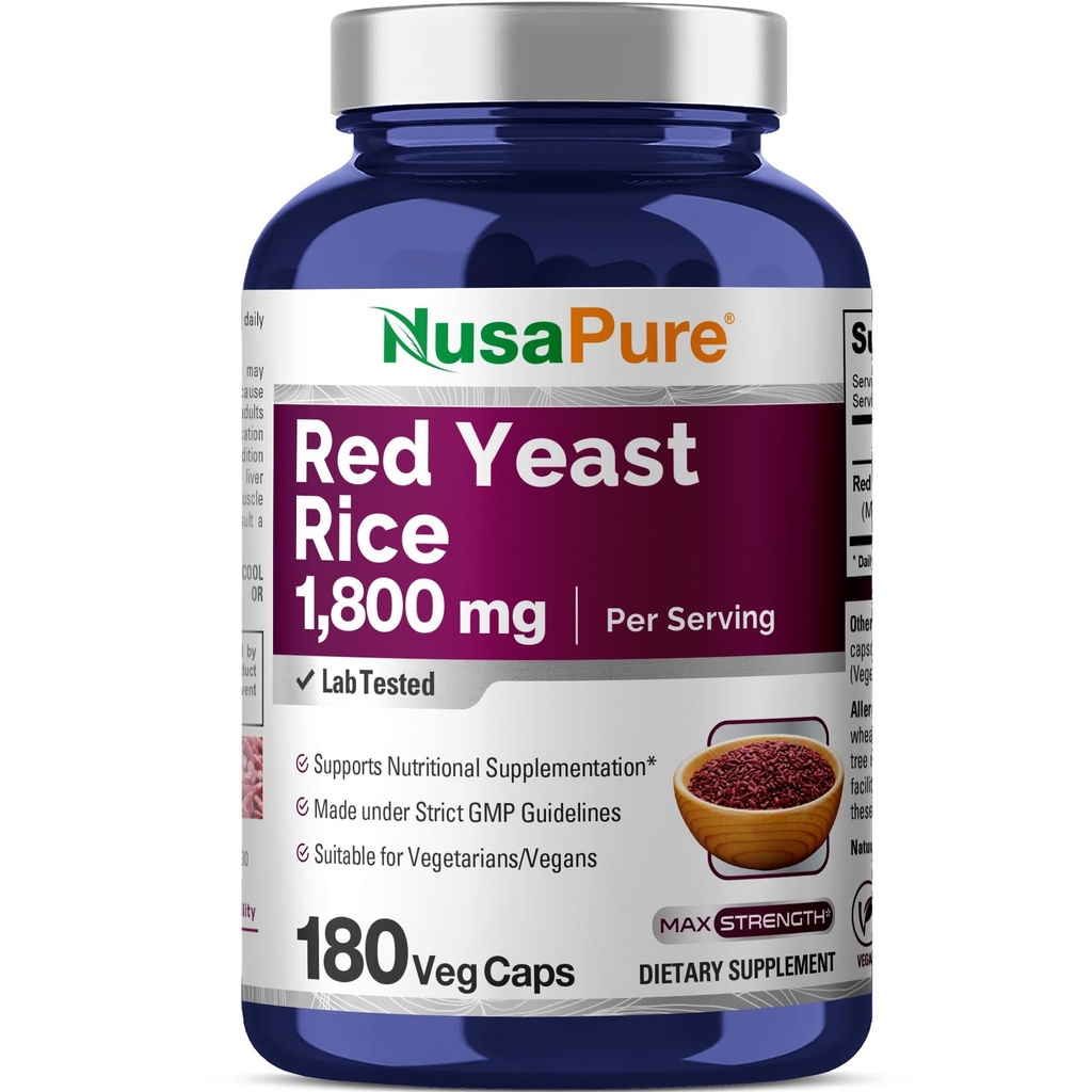 NusaPure Red Yeast Rice 1800mg 180 Veggie Kapseln (Non-GMO, Vegan)