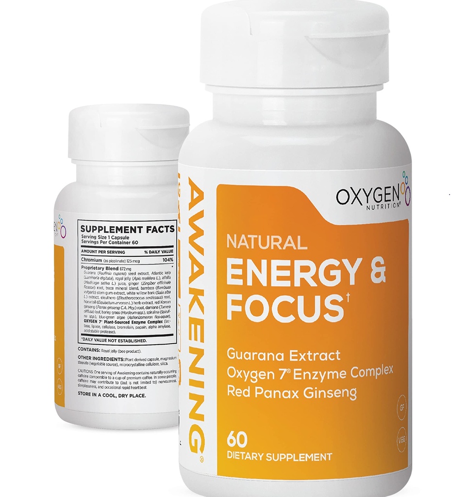 Awakening Natural Energy & Focus Nootropic Supplement mit Panax Ginseng, Guarana Extract & Chromium Picolinate | Brain Supplement für Fokus, Energie, Stimmung & Klarheit | Gluten Free Veggie, USA - 60 Caps