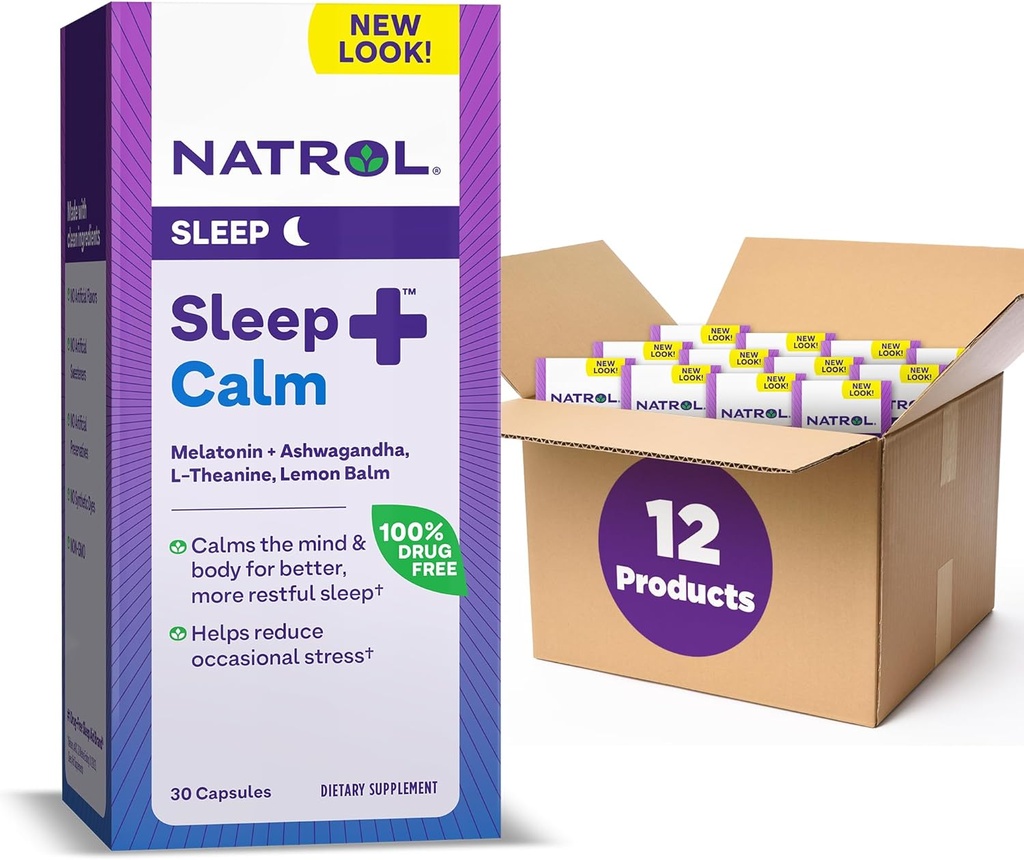 Natrol Sleep+ Calm Melatonin 6mg Avec Ashwagandha, L-Theanine et Lemon Baume, Supplément diététique pour dormir reposé et calmer l'esprit, 30 capsules, 30 jours d'approvisionnement (paquet de 12)
