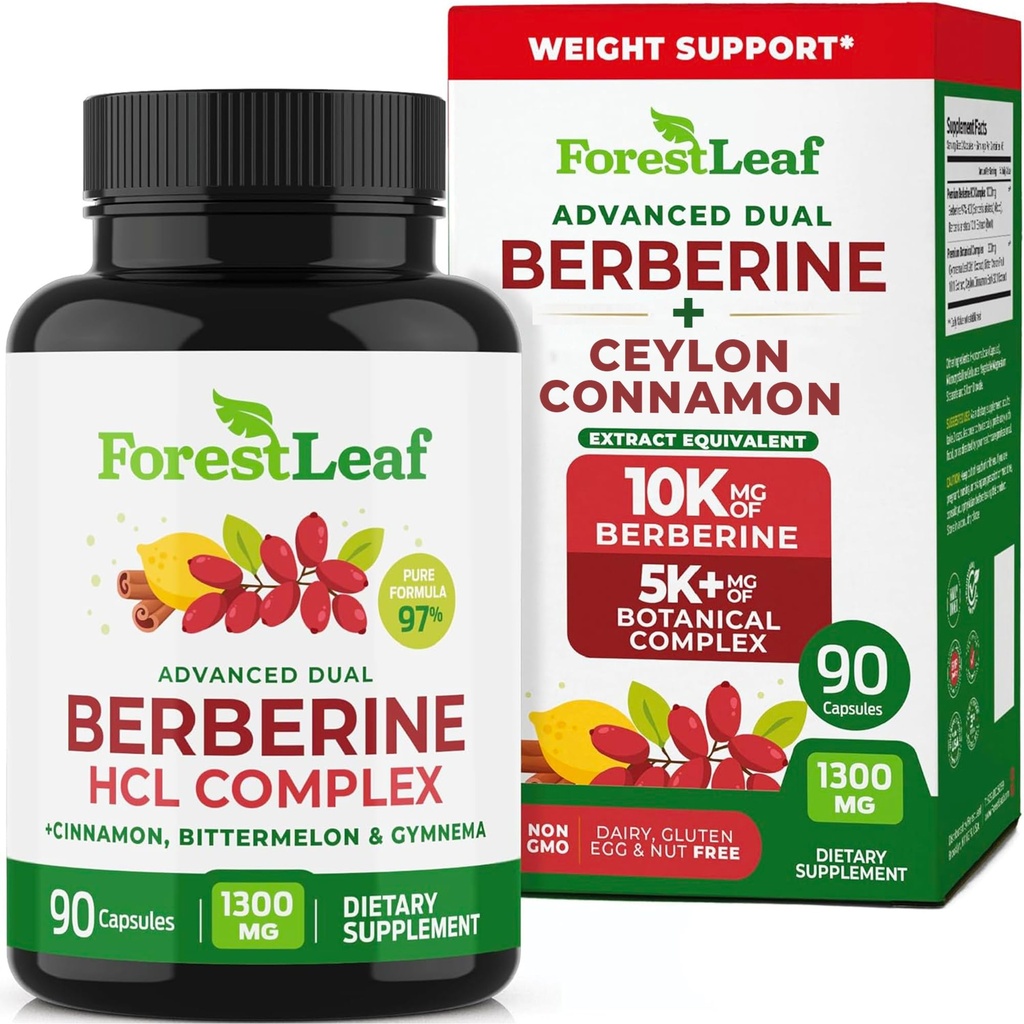 ForestLeaf Berberine Supplement - Formule inspirée GLP-1 - 1300mg par portion - HCl berbère ultra-haute puissance avec Ceylan Cinnamon, Bitter Melon & Gymnema - Weight Management Support - 90 capsules