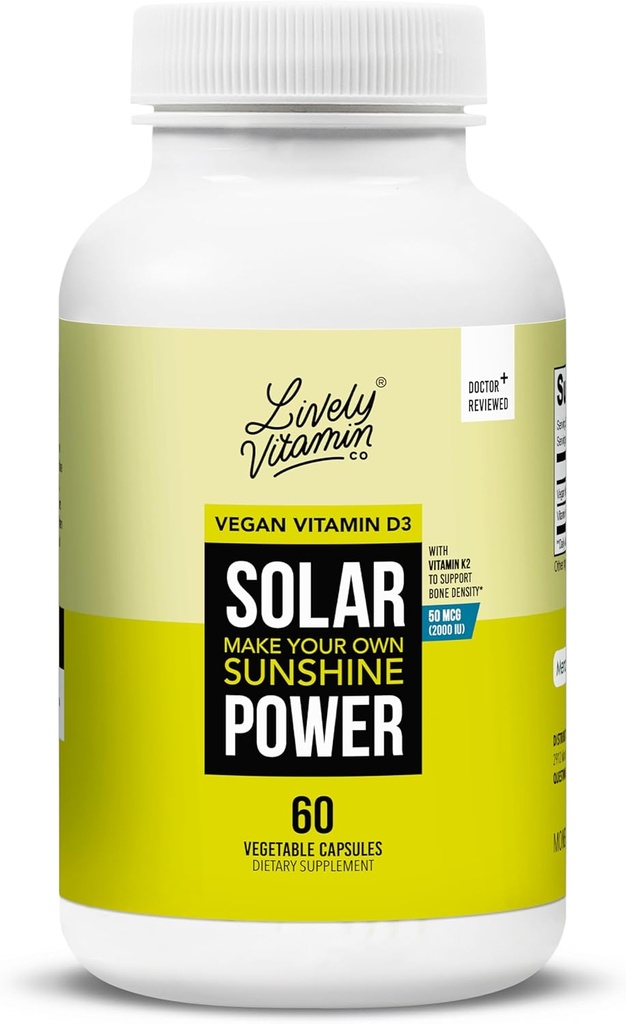 LIVELY VITAMIN CO. Solar Power Vitamin D3 2000 iu - Patented Vitamin K - MK7 - Immune Balance - Brain Function - Mood - Heart - Stress - 60 Count
