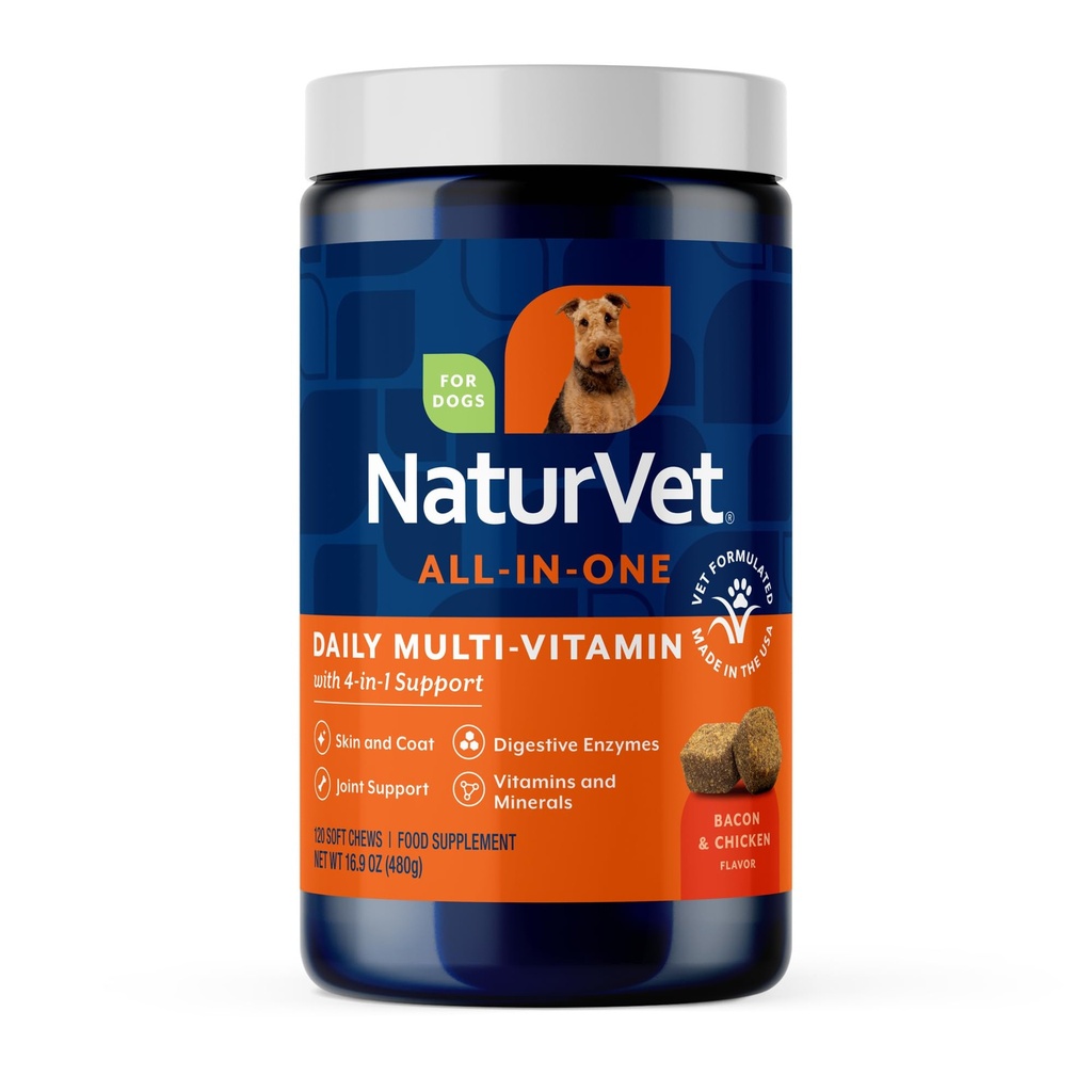 NaturVet All-in-One Hunde-Ergänzung - für Gelenkunterstützung, Verdauung, Haut, Mantelpflege – Hunde-Multivitamine mit Mineralien, Omega-3, 6, 9 – Weizenfreie Vitamine für Hunde – 120 Weichkäse