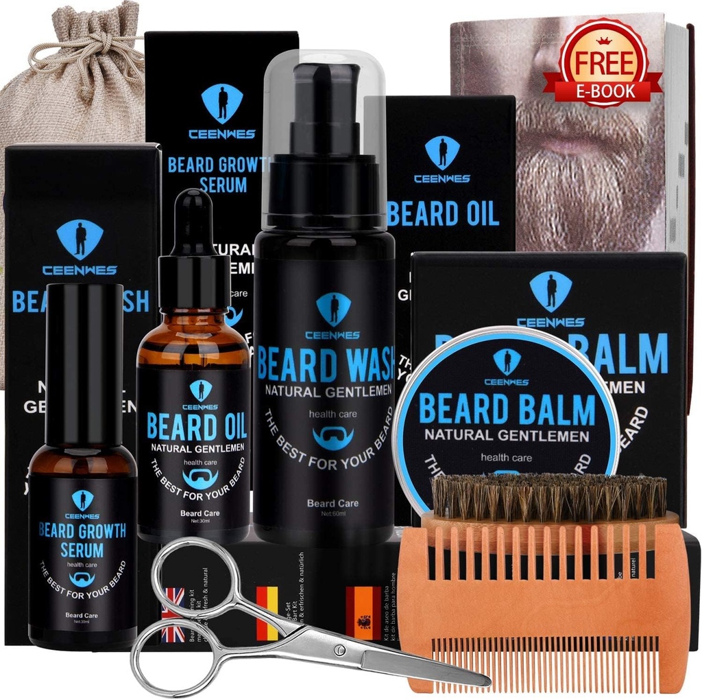 Kit de grooming de barbe, Kit de barbe à l'huile de barbe, Sérum de croissance de barbe, Laver de barbe, Baume de barbe, Brosse de barbe, Peigne de barbe, Ciseaux de barbe et de mustache Kit de croissance de barbe Cadeaux uniques pour les hommes