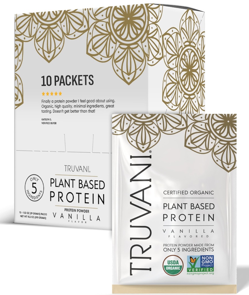 Truvani Vegan Pea Protein Pulver | Vanille | 20g Bio-Pflanzen basiertes Protein | Single Servieren Reisepakete | 10 Servierungen | Keto | Gluten & Dairy Free | Low Carb | Kein Zucker hinzugefügt