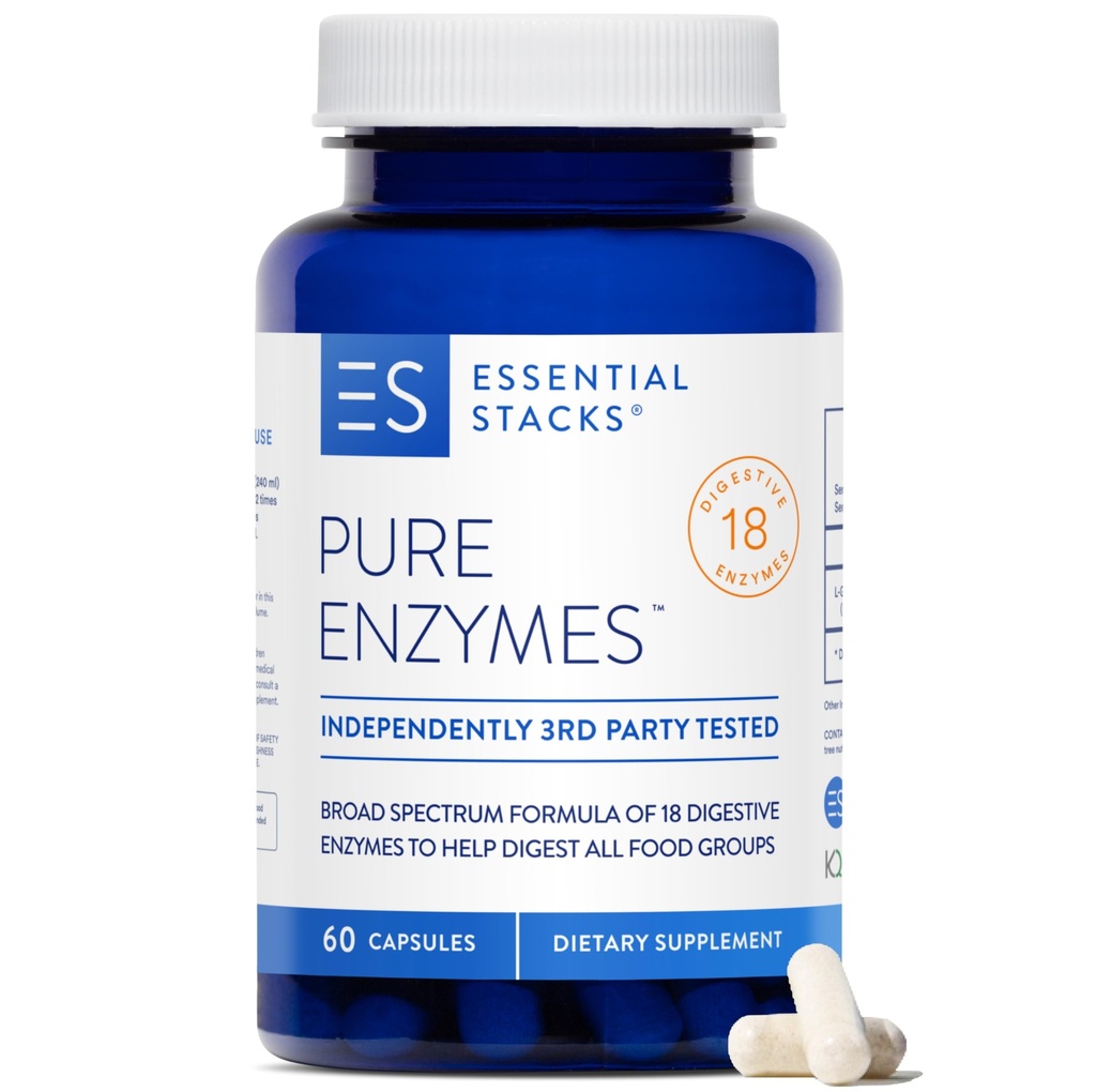 Essential Stacks Pure Digestive Enzymes (Gluten, Dairy & Soy Free) - 18 Enzyme für Verdauung inkl. Amylase, Lipase & Lactase - Vegetarisch & Non-GMO (60 Kapseln)