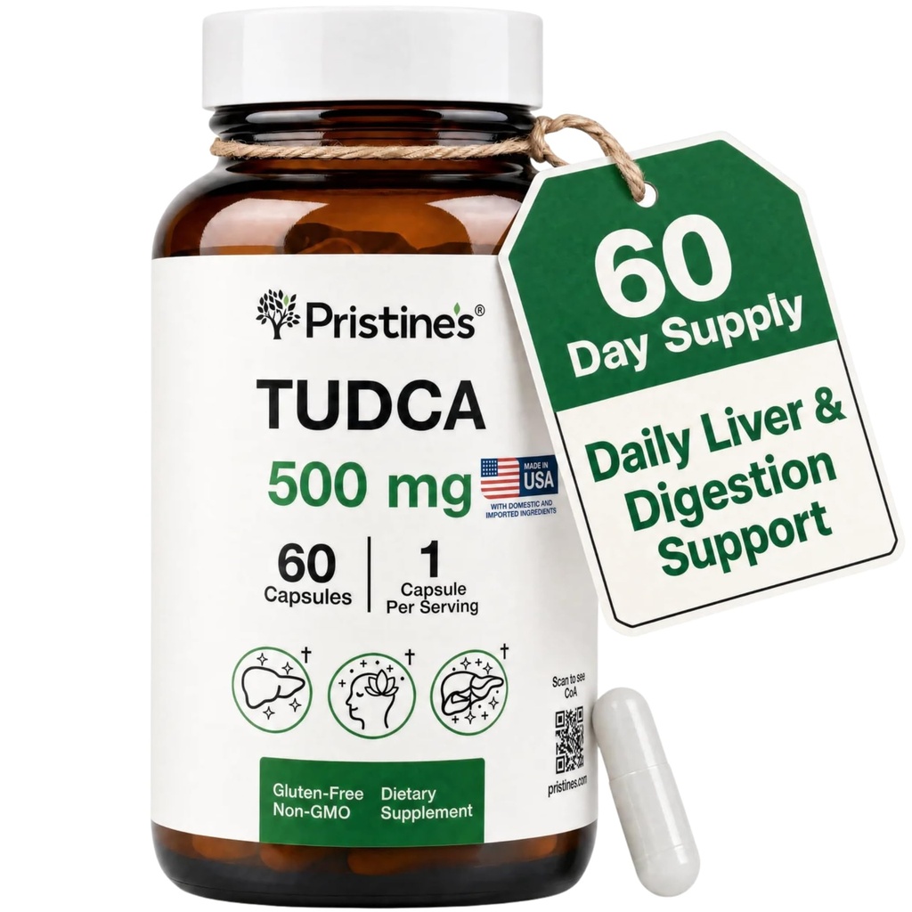 PRISTINE Tudca 500MG Soutien du foie et des sels de bile purifiés Supplément Capsules - 60 jours d'approvisionnement - Gallbladder Organe du foie et de la digestion Détox et nettoyage Supplément de soutien - sans gluten sans OGM