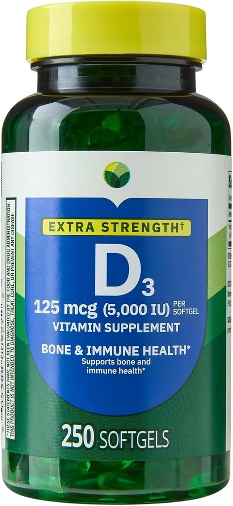 H4U Extra Strength Vitamin D3 5000 IU (125 mcg) Softgels | Unterstützt Knochen, Zähne & Immune Gesundheit | Hohe Potenz Sonnenschein Vitamin | Einfach-zu-Swallow Supplement | 250 Zähler