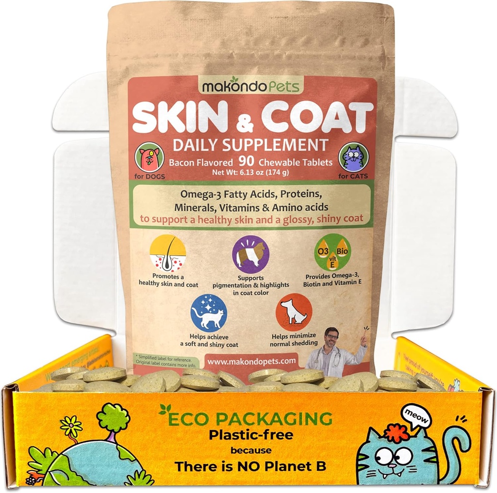Skin and Coat Supplement mit Fischöl und Omega 3 für Hunde und Katzen - Hunde Itch Relief Tier Ergänzung für Shedding, trockene juckende Haut und Allergien - Hunde Allergie Behandlung Vitamine (90 Tabs)
