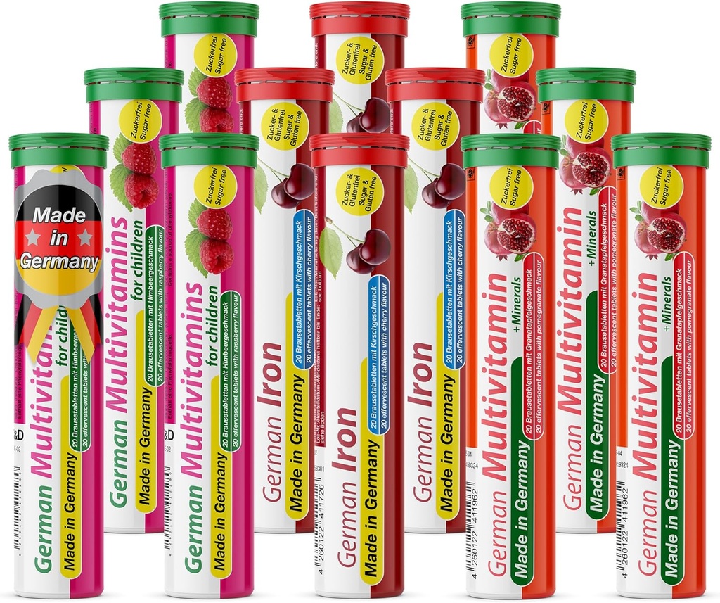 Deutsches Pink Power Package 240 Servierungen - Vegan, Zero Sugar - Drink Effervescent Tablets - Eisen und Multivitamin - T&D Pharma - Made in Germany