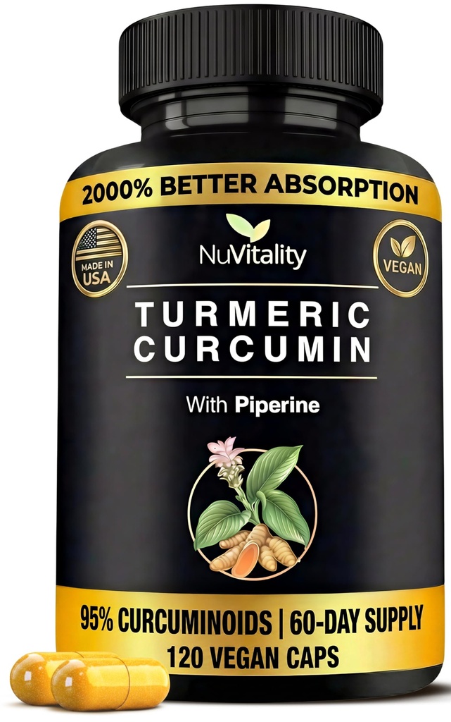 Kurkuma Curcumin mit schwarzem Pfefferextrakt (Piperin) - 120 Veggie Tumeric Capsules - Premium 95% Standardisierte Curcuminoide - Hohe Absorption & Potenz - Joint Support Supplement