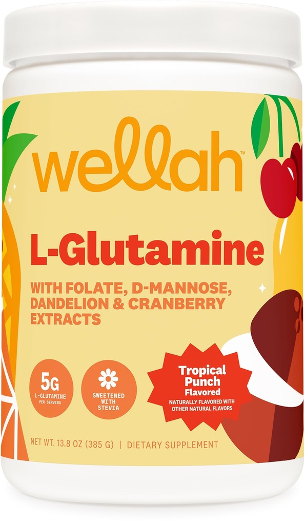 Wellah L-Glutamine Poudre Tropical Punch (50 portions) - 5g L-Glutamine par portion, sucré avec Stevia