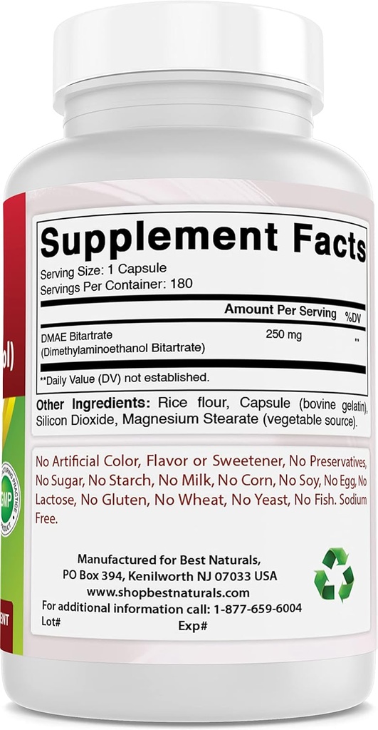 Best Naturals DMAE Supplement 250 mg & Vitamin B1 als Thiamin Mononitrate 100 mg