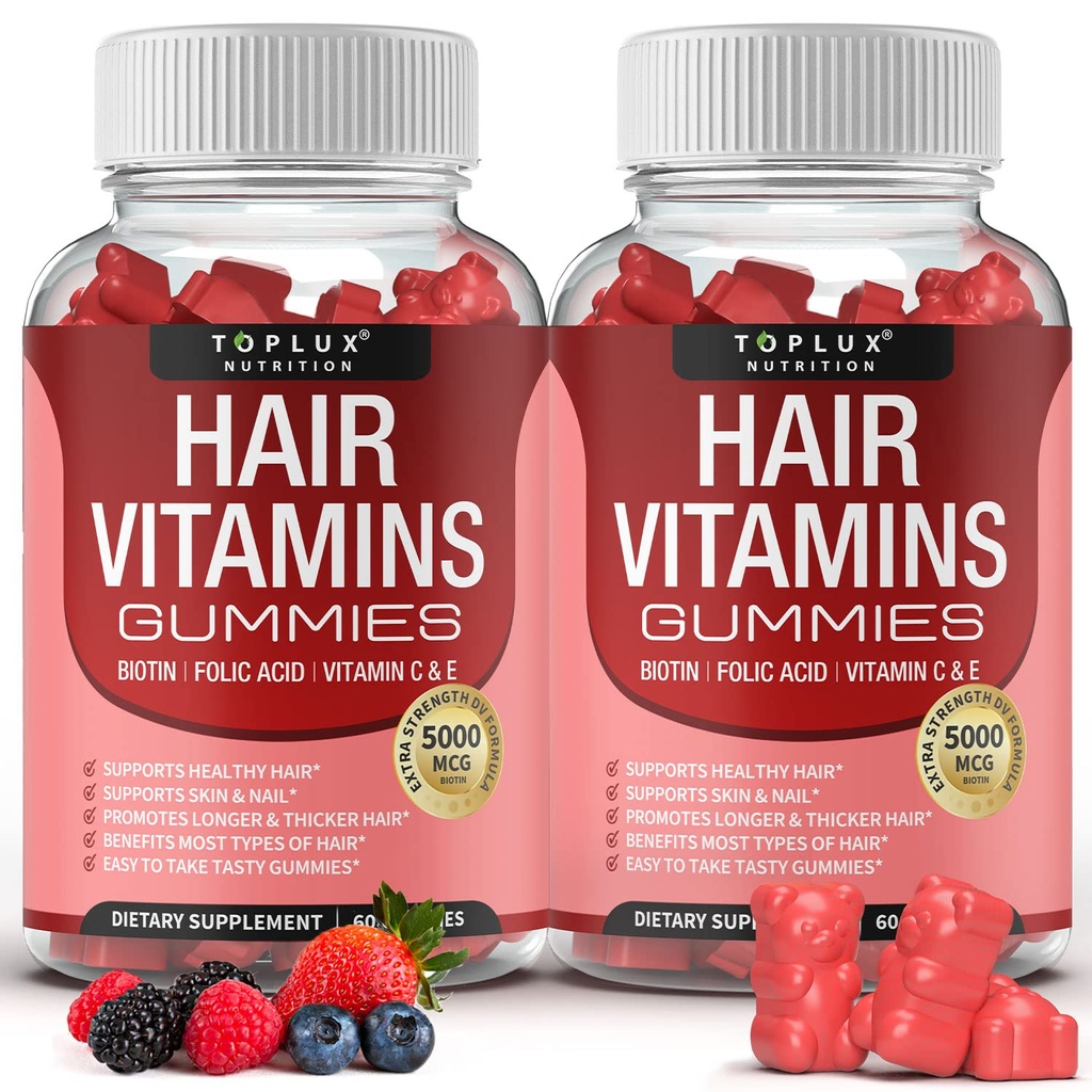 Haar Vitamine Gummi-Ergänzung – Schnellere Haarwachstum Gummy 5000mcg Biotin, Folsäure, Vitamin C & E, Unterstützung Stärker & Thicker Haare, Haut, Nägel, Non-GMO, für Männer Frauen, 60 Berry Flavored Gummies