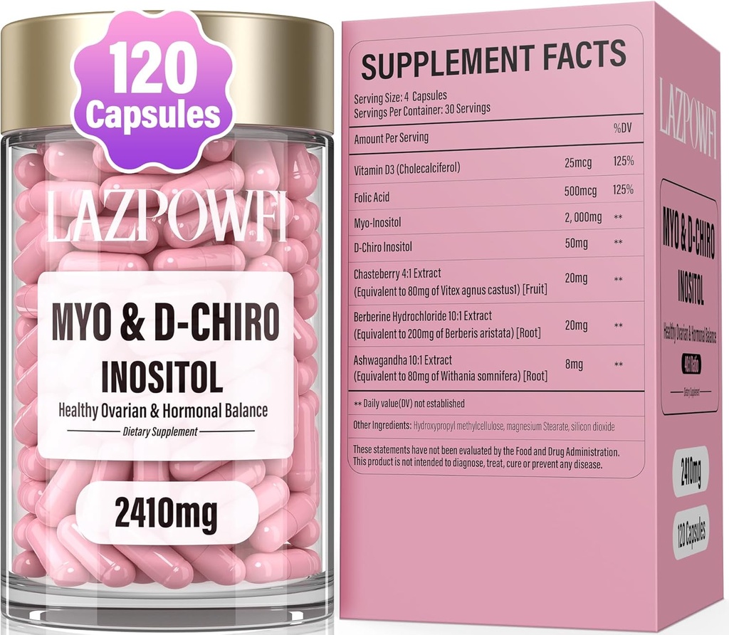 Supplément Inositol – Myo-Inositol & D-Chiro Inositol avec Chasteberry, Berberine & Ashwagandha – Idéal 40:1 Mélange avec Folate et Vitamine D – Formule de bien-être Vegan Femmes – 120 Capsules