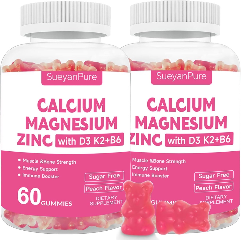 Zuckerfreie Calcium-Magnesium Zink-Gummien mit VC D3 &B6 &K2,600mg Calcium-Gummien mit 300mg Magnesium-Unterstützung Knochen & Muskel für Erwachsene und Jugendliche (60 Zähler (Pack von 2))