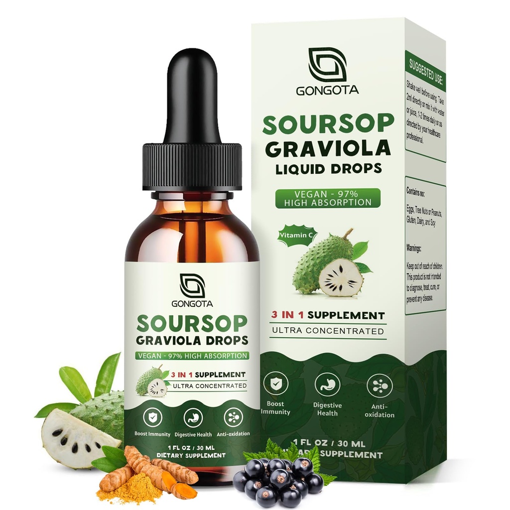 Soursop Graviola Liquid Drops, Bio Soursop Bitter mit Elderberry & Turmeric für Cellular,Immune, Verdauungsunterstützung, Kräuterextrakte, Zuckerfrei/Glutenfrei - 1 fl oz