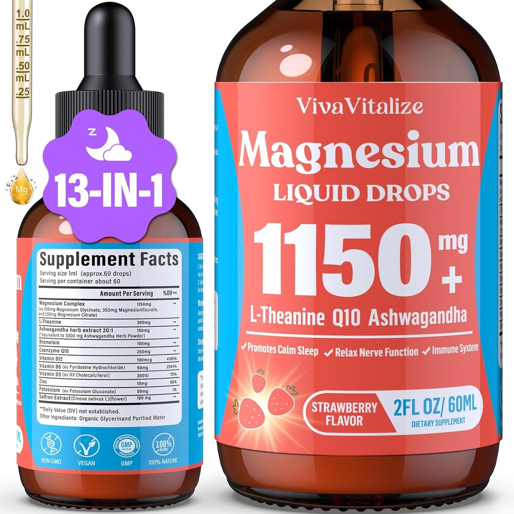 Magnesium Glycinate Liquid, Triple Magnesium Complex Liquid Drop, Magnesium Taurate & Citrate Liquid for Adults Calm Stress Support, Muscle Relaxation, Good Sleep