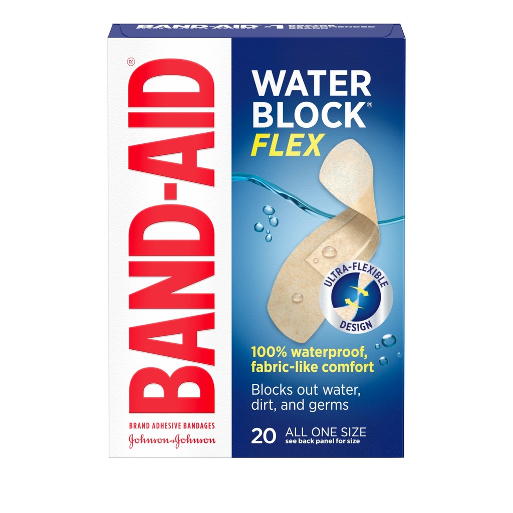 Band-Aid Brand Water Block Flex 100% wasserdichte Klebebänder für First-Aid Wund Pflege von Minor Cuts, Scrapes & Wounds, Ultra-Flexible Design, Steril, All One Size, 20 ct