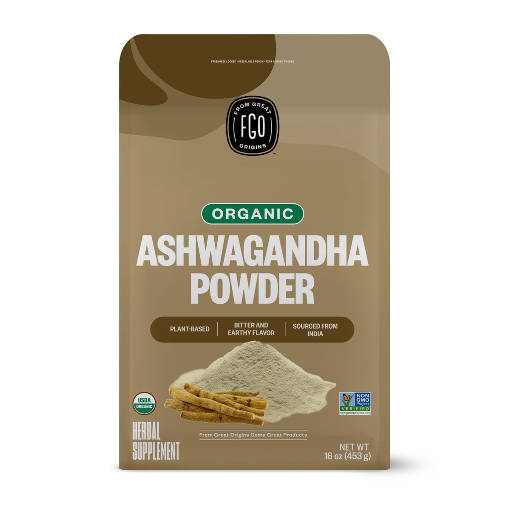 FGO Organic Ashwagandha Root Powder, 16oz wiederverschließbare Bulk Bag, Non-GMO, Indian Ginseng, Withania Somnifera, Quelled aus Indien (Pack von 1)