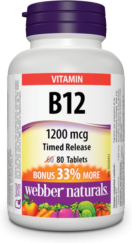 Webber Naturals Vitamine B12 Sortie en temps voulu 1200mg 80 comprimés