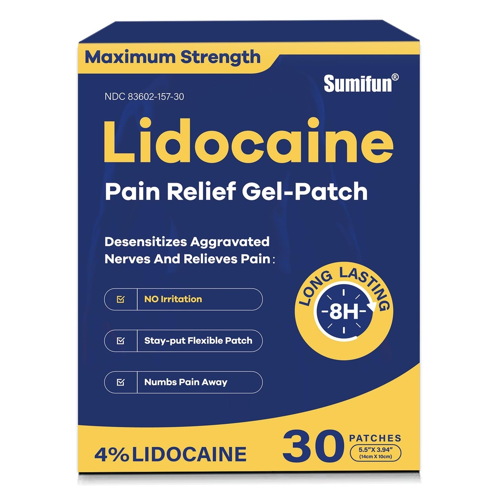 Sumifun 4% Lidocaine Pain Relief Patches 30 Count Maximum Strength Numbing Gel Patch für Back Knee Neck Joint Ache Muscle Soreness Topical Analgesic FSA oder HSA Eligible