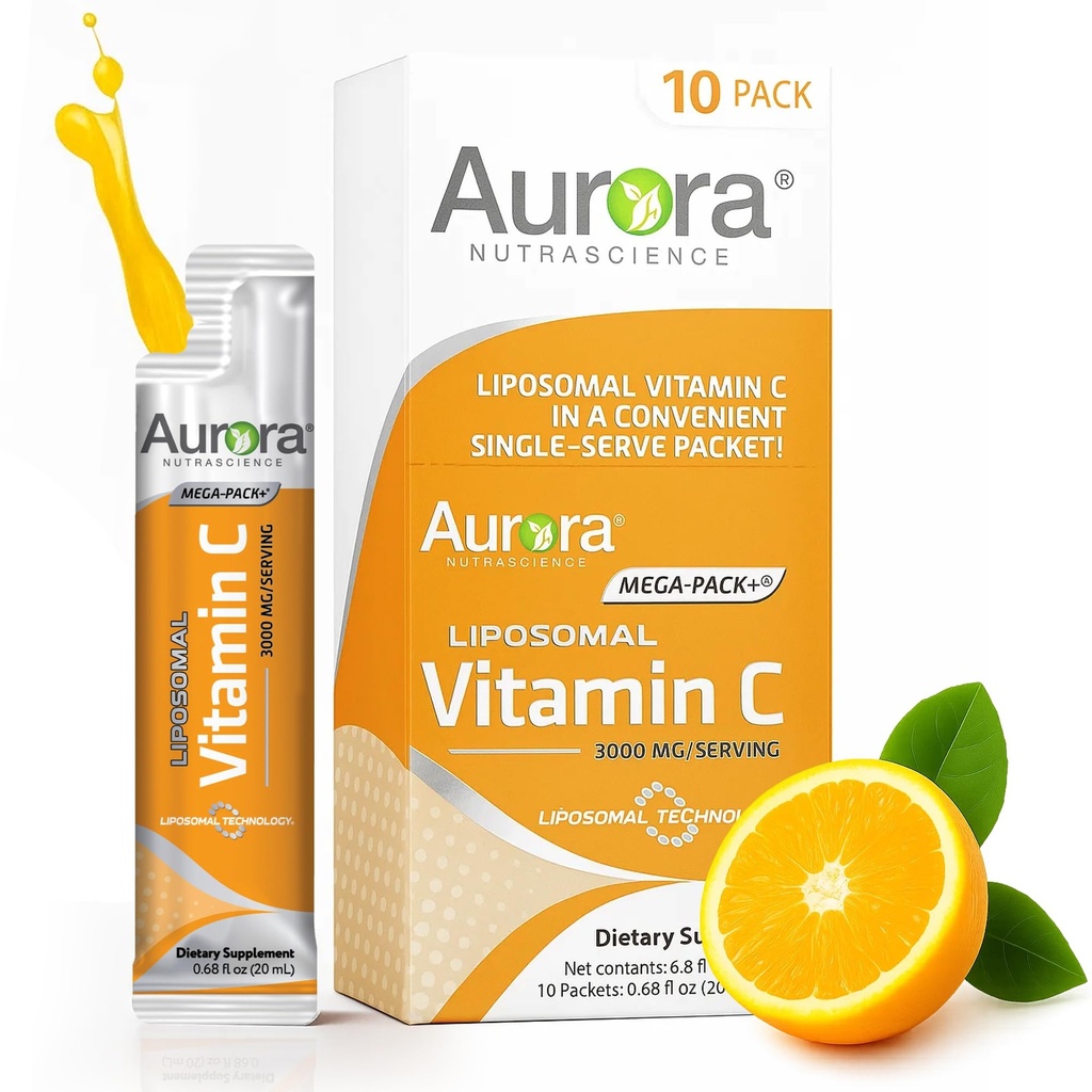 Aurora Nutrascience Mega-Pack Vitamine C liposomique, Soutien immunitaire, 3 000 mg par portion, végétalien, sans gluten, non-OGM, 10 paquets à usage unique, orange