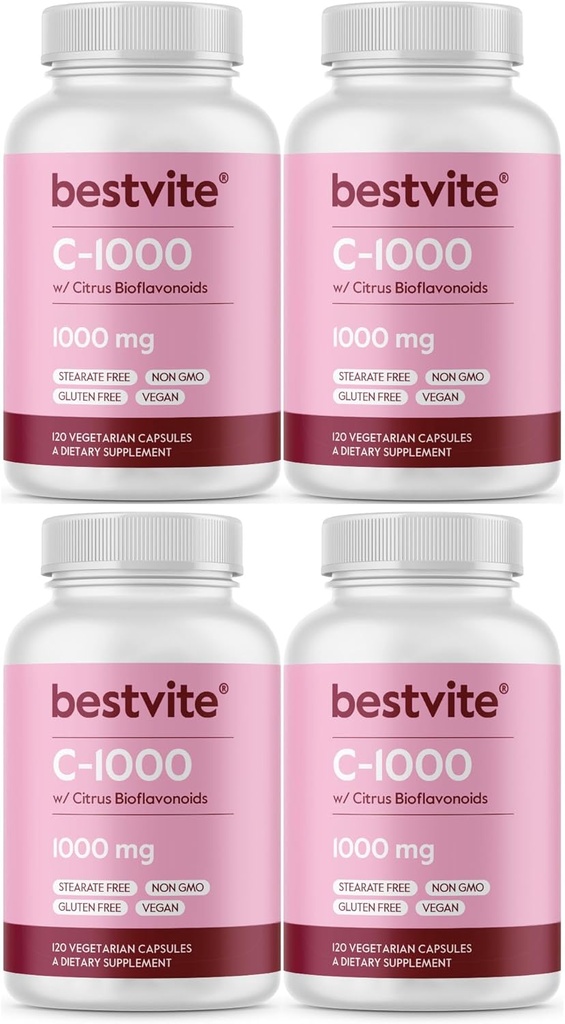 BESTVITE Vitamin C 1000mg (480 vegetarische Kapseln) (120 x 4) mit Citrus Bioflavinoiden - No Stearates - Vegan - Non GMO - Glutenfrei