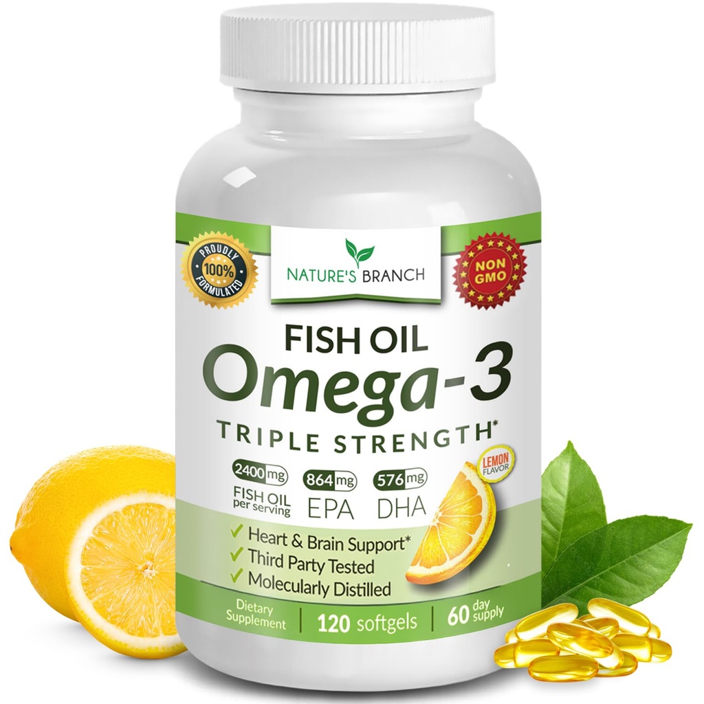 Beste Triple Stärke Omega 3 Fisch Öl Pillen 2400mg | 120 Kapseln | Burpless High Potency Lemon Flavor | 864mg EPA 576mg DHA Ultra Pure Liquid Softgels | Brain Gelenke Augen Haar Herz Ergänzung