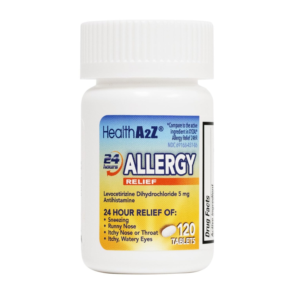 HealthA2Z® Allergy Relief.com Dichlorhydrate de Levocetizine 5mg.com 24 heures.com Antihistamine.com Relief des éternuements, nez de runny, nez de démangeaison et yeux (120 comtes)